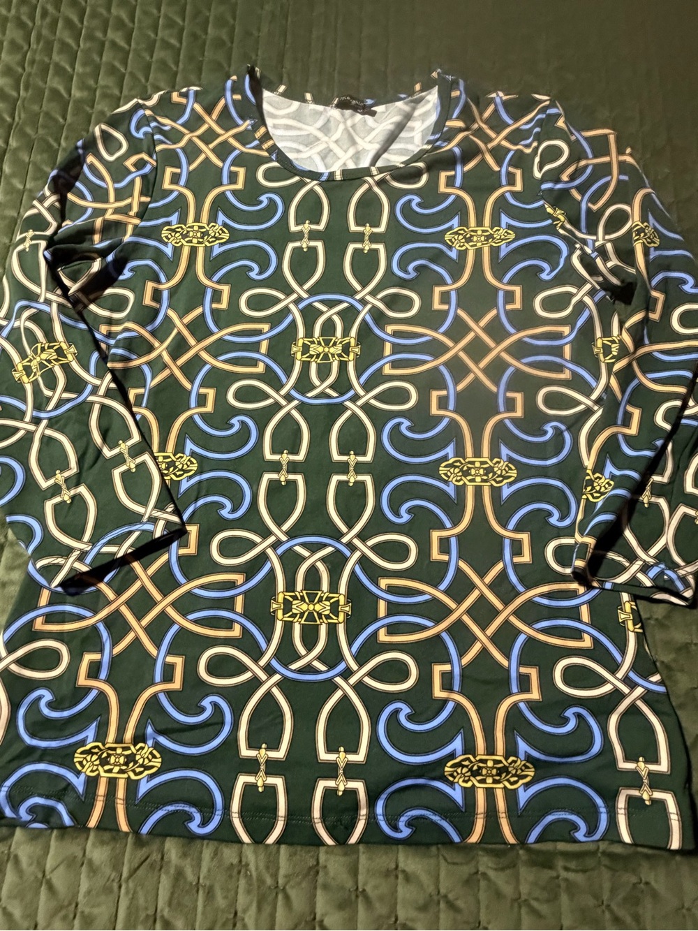 J.McLaughlin 3/4 sleeve wrinkle-resistant equestrian print green blue MED